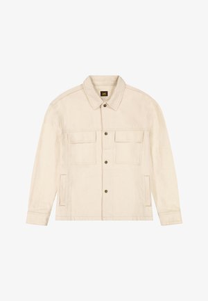 Beige Jacke zum Knöpfen mit Kragen, zwei Brustklappentaschen und zwei Seitentaschen, aus strukturiertem Stoff und mit langen Ärmeln.