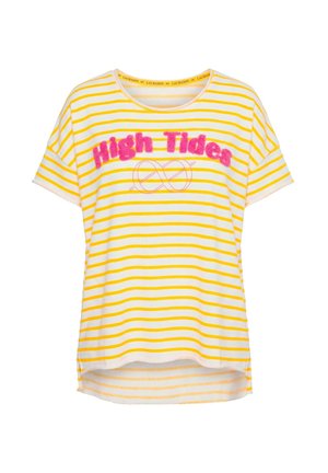 Bílo-žluté pruhované tričko s krátkým rukávem s růžovým chlupatým nápisem "High Tides" a tenkým růžovým symbolem nekonečna pod nápisem.