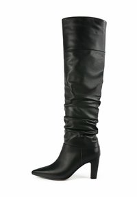 Knee-high black leather boots, featuring a slouched design, pointed toe, and a chunky heel. Smooth texture with a shiny finish.