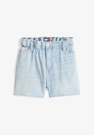 Jasnoniebieskie szorty w paski z elastycznym pasem, kieszeniami z przodu i zapięciem na guziki. Wykonane z miękkiej, lekkiej tkaniny.