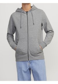 Grå zip-up hoodie i mjukt tyg, med huva, dragsko och framfickor. Ärmar och nederkant är ribbade för en snug passform.