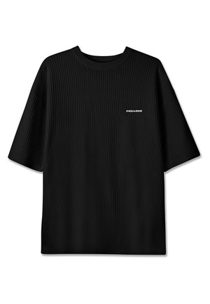 Melnas ribotas īsroku džemperis ar apaļu kakla izgriezumu un mazu baltu "PEGADOR" logotipu kreisajā krūtīs.