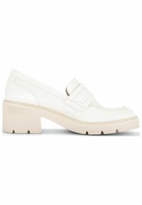 White leather loafers with a low beige block heel, featuring a flat toe, contrasting stitching, and side strap detail. Textured finish.