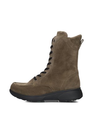 Brown suede ankle boots with black laces, round toe, padded collar, and a rubber sole, featuring a pull tab at the back.