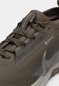 Gros plan sur une chaussure de randonnée Nike Pegasus Trail Gore-Tex marron avec des lacets détaillés et un panneau latéral en mesh à logo.