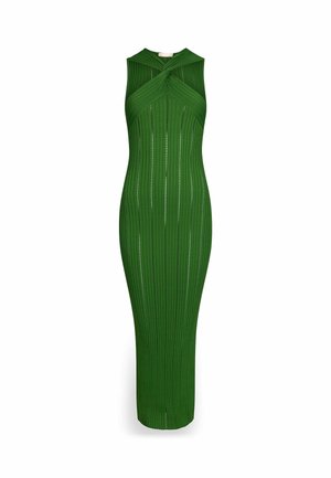 Rochie maxi verde, fără mâneci, cu un decolteu în nod răsucit, textură verticală cu nervuri și detalii tăiate pe laterale.