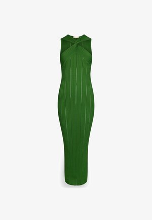 Abito maxi verde senza maniche con scollatura a nodino, texture a coste verticali e dettagli a taglio lungo i lati.