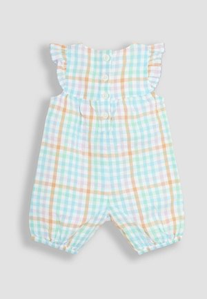 Kerge puuvillane romper pastelltooni ruudulises mustris, millel on volangiga õlavarre äär ja viis nööpi seljal ning elastsed jalgade avad.