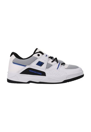 White and gray athletic shoe with mesh panels, black accents, and blue details. Features a padded collar and textured rubber outsole.