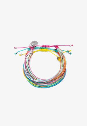 Kleurrijke armband gemaakt van meerdere gevlochten koorden in roze, turquoise, geel en oranje. Voorzien van zilveren hardware en verstelbare uiteinden.