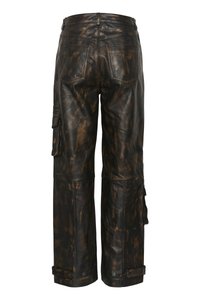 Black and brown distressed leather cargo pants with back pockets, side flap pockets, and adjustable straps at the cuffs.