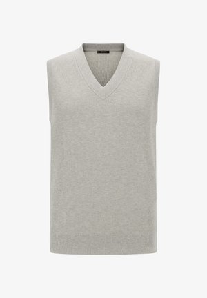 Harmaa hihaton neule, jossa on V-pääntie ja ribbitettu pinta; suora helma ilman lisäkoristeluja.