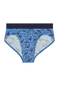 Blaue gemusterte Slips mit einem marineblauen Elastikbund, der ein florales Design in Blau- und Weißtönen zeigt. Weicher, leichter Stoff.