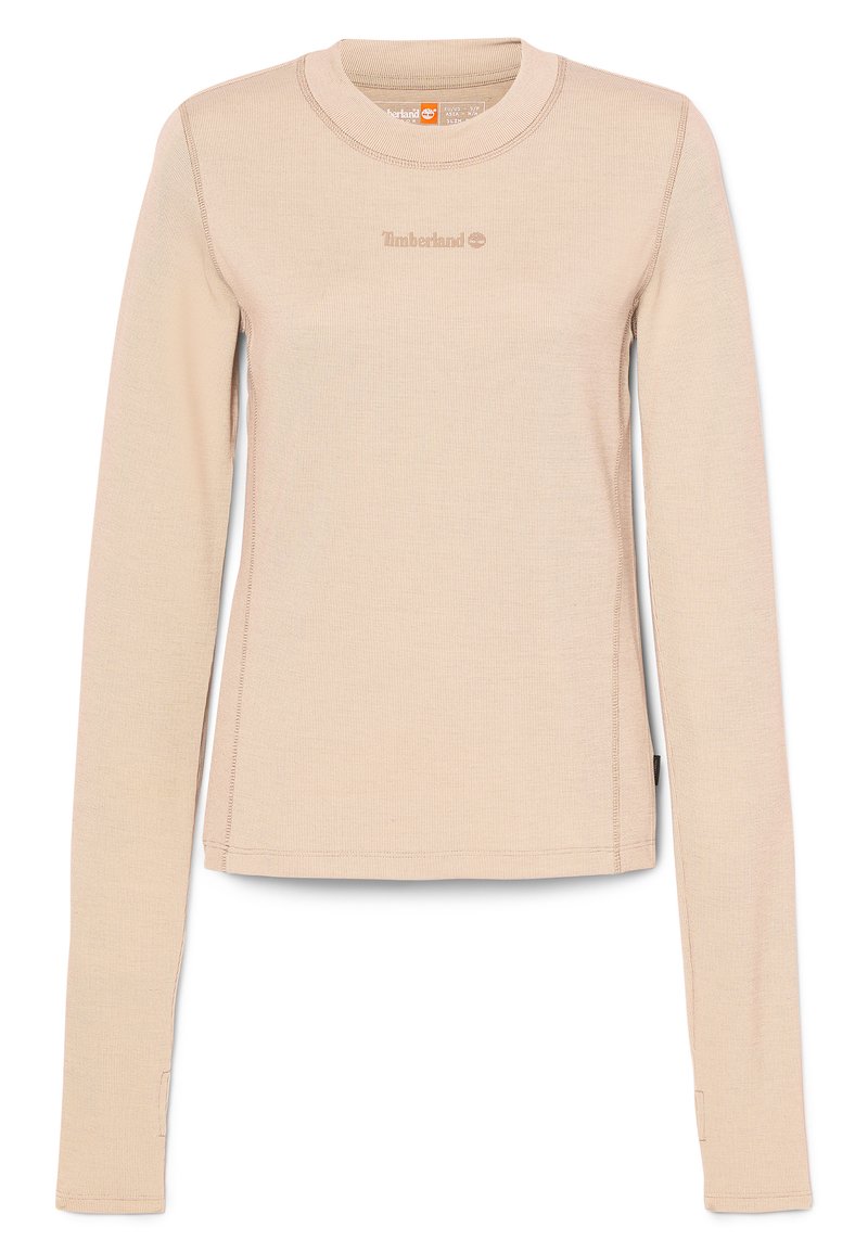 Maglia a maniche lunghe beige realizzata in tessuto testurizzato, con scollatura rotonda e discreto logo Timberland ricamato in chiaro. Cuciture piatte.