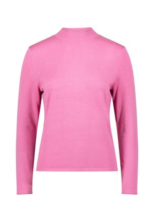 Trui met lange mouwen, nauwsluitend, in felroze. Gladde brei-textuur, hoog colontwerp en geribbelde accenten bij de halslijn en manchetten.