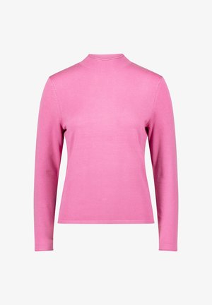 Pull ajusté à manches longues de couleur rose vif. Texture en maille lisse, col montant haut et détails côtelés au niveau de l'encolure et des poignets.