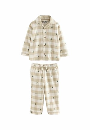 Pajama set in beige flannel with a checkered pattern. Long-sleeve top features green tree motifs and button closure; pants with elastic waist.