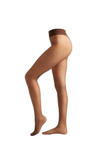 Transparent bruna strumpbyxor med en ogenomskinlig brun midja; slät textur och åtsittande design, som visar ett ben poserande mot en vit bakgrund.