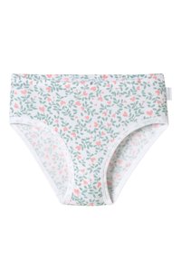 Floral-patterned cotton briefs featuring a white base with green leaves and pink hearts, finished with a soft elastic waistband.