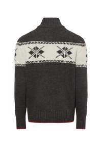 Dark gray knit sweater with a white geometric pattern across the chest, featuring a high collar and red accent on the hem.