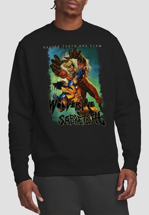 Schwarzer Sweatshirt mit einem Comicbuch-Stil Grafik von Wolverine, der gegen Sabretooth kämpft, mit kräftigen Farben und einem dynamischen Design.