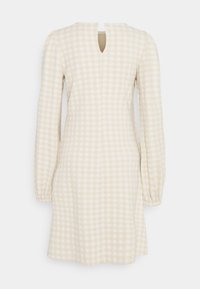 Vestido de cuadros beige con mangas largas abullonadas, un escote en forma de llave en la parte posterior y una silueta recta. Confeccionado en una tela ligera con una textura suave.