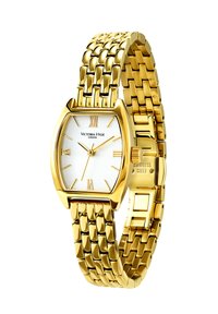 Goldfarbene Edelstahl-Armbanduhr mit einem rechteckigen weißen Ziffernblatt, römischen Ziffern und einem bracelet-artigen Gliederarmband. Das Logo der Marke Victoria-Hyde ist sichtbar.
