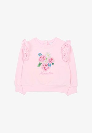Felpa rosa in cotone con maniche arricciate, decorata con un ricamo floreale e la scritta "Monnalisa" in corsivo sul davanti.