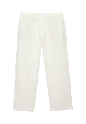 Pantaloni albi cu croială lejeră, cu talie elastică și șnur frontal, confecționați dintr-un material ușor, prezentați frontal pe un fundal alb.