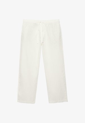 Pantaloni albi cu croială lejeră, cu talie elastică și șnur frontal, confecționați dintr-un material ușor, prezentați frontal pe un fundal alb.