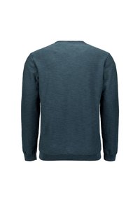 Donkerblauwe trui, lange mouwen, textuur stof, ronde hals, ribgebreide manchetten en zoom, naadloos ontwerp zonder zichtbare logo's of versieringen.