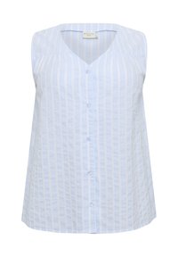 Blouse sans manches bleu clair avec des rayures blanches verticales, un décolleté en V et un devant à moitié boutonné. Fabriquée dans un tissu texturé avec une coupe décontractée.