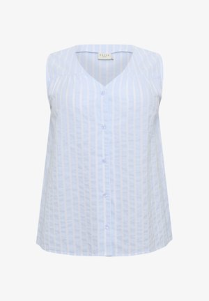 Gaiši zila bezpiedurknīšu blūze ar vertikālām baltām svītrām, V-veida dekoltē un pusizšūtu priekšpusi. Izgatavota no teksturēta auduma ar brīvu piegriezumu.