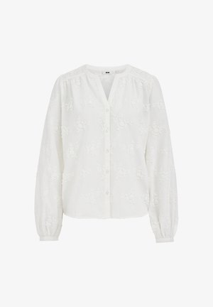 Balta ilgomis rankovėmis palaidinė su gėlių siuvinėjimais, su sagomis priekyje, apvali iškirptė ir šiek tiek surinktos rankogaliai bei pečiai.