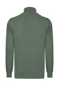 Grüner gestrickter Pullover mit Stehkragen, langen Ärmeln, gerippten Bündchen und Saum. Die Textur ist glatt mit einem einheitlichen Webmuster.