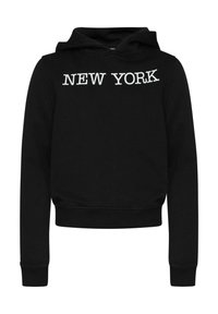 Felpa nera con cappuccio realizzata in tessuto misto cotone, con maniche lunghe, una tasca a marsupio frontale e testo "NEW YORK" in bianco sul petto.