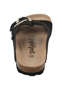Sandali a scivolo in suede nero con una sola fascia e fibbia dorata, fondo in sughero e suola in gomma testurizzata. Design leggero e casual.
