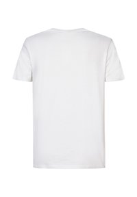 Biała bawełniana koszulka, krótki rękaw, klasyczny krój z okrągłym dekoltem, gładka tekstura, bez widocznych logo ani wzorów z tyłu.