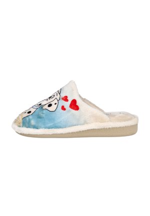 Zapatilla deslizable en suave tono azul y blanco con forro de felpa, que presenta caras de perros de dibujos animados y diseños de corazones rojos en los lados.