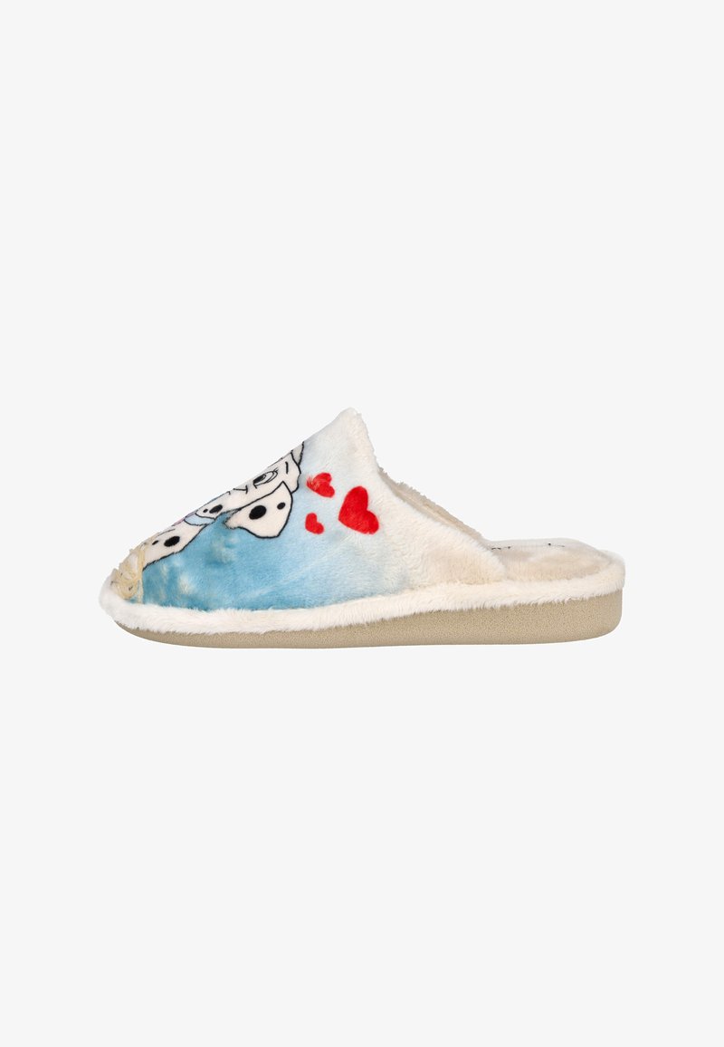 Zapatilla deslizable en suave tono azul y blanco con forro de felpa, que presenta caras de perros de dibujos animados y diseños de corazones rojos en los lados.