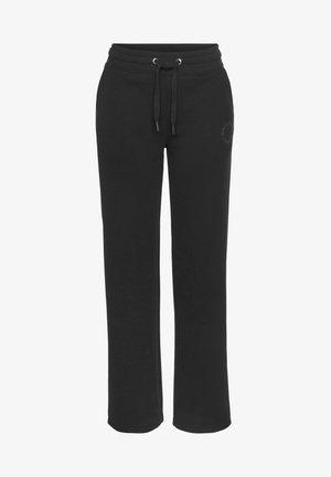 Pantaloni della tuta neri realizzati in tessuto morbido, dotati di cintura elasticizzata con lacci regolabili e logo discreto sulla gamba sinistra.