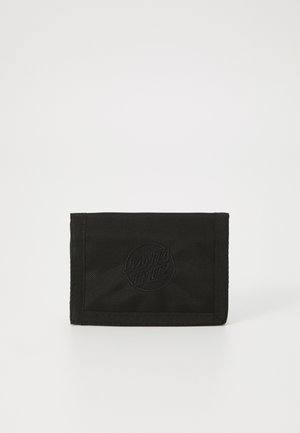 Black fabric wallet featuring an embossed logo on the front, rectangular shape, and stitched edges. Simple, durable design.