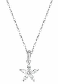 Collar de cadena de plata con un colgante en forma de flor y cinco piedras preciosas transparentes cortadas en marquise. Acabado pulido con una textura suave.