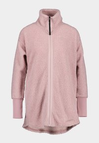 Hellrosa Fleecejacke mit hohem Kragen, halbem Reißverschluss und weicher Textur. Verfügt über lange Ärmel mit gerippten Bündchen und einem abgerundeten Saum.