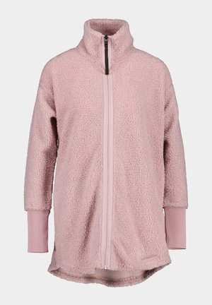 Lichtroze fleece jack met een hoge kraag, halve ritssluiting en een zachte textuur. Heeft lange mouwen met rib gebreide boorden en een gebogen zoom.