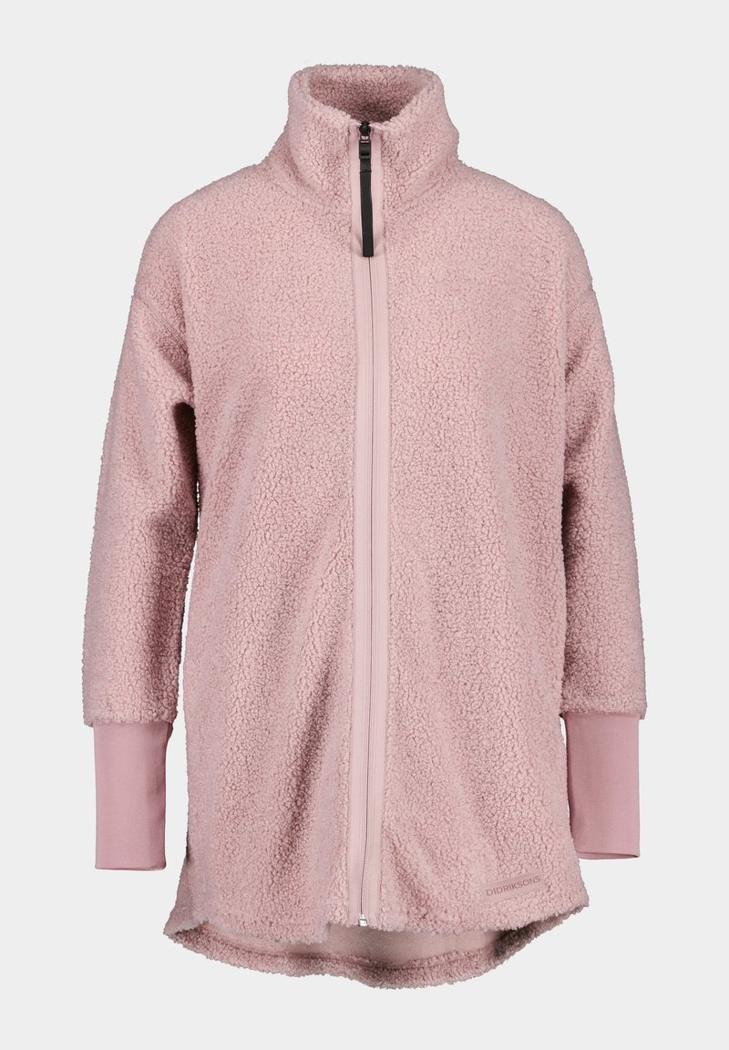 Hellrosa Fleecejacke mit hohem Kragen, halbem Reißverschluss und weicher Textur. Verfügt über lange Ärmel mit gerippten Bündchen und einem abgerundeten Saum.