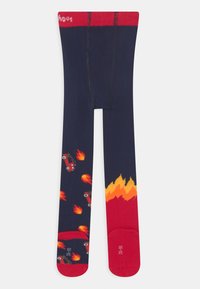 Ναυτικές μπλε καλσόν με κόκκινη ζώνη, διακοσμημένα με πολύχρωμες απεικονίσεις αυτοκινήτων και φλογών. Μαλακό ύφασμα με λεία υφή και ενισχυμένο δάχτυλο.