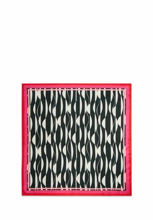 Sciarpa di seta con un motivo ondulato in bianco e nero, bordato da un vivace bordo rosa, con una texture liscia e lucida.