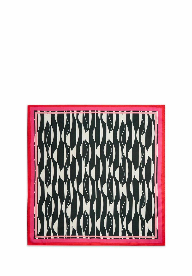 Silke tørklæde med et bølget mønster i sort og hvid, kantet med en livlig pink kant, med en glat og blank overflade.