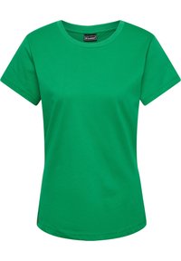 T-shirt en coton vert avec un col rond, des manches courtes et un ourlet droit. Présente un petit logo de la marque sur le côté inférieur.